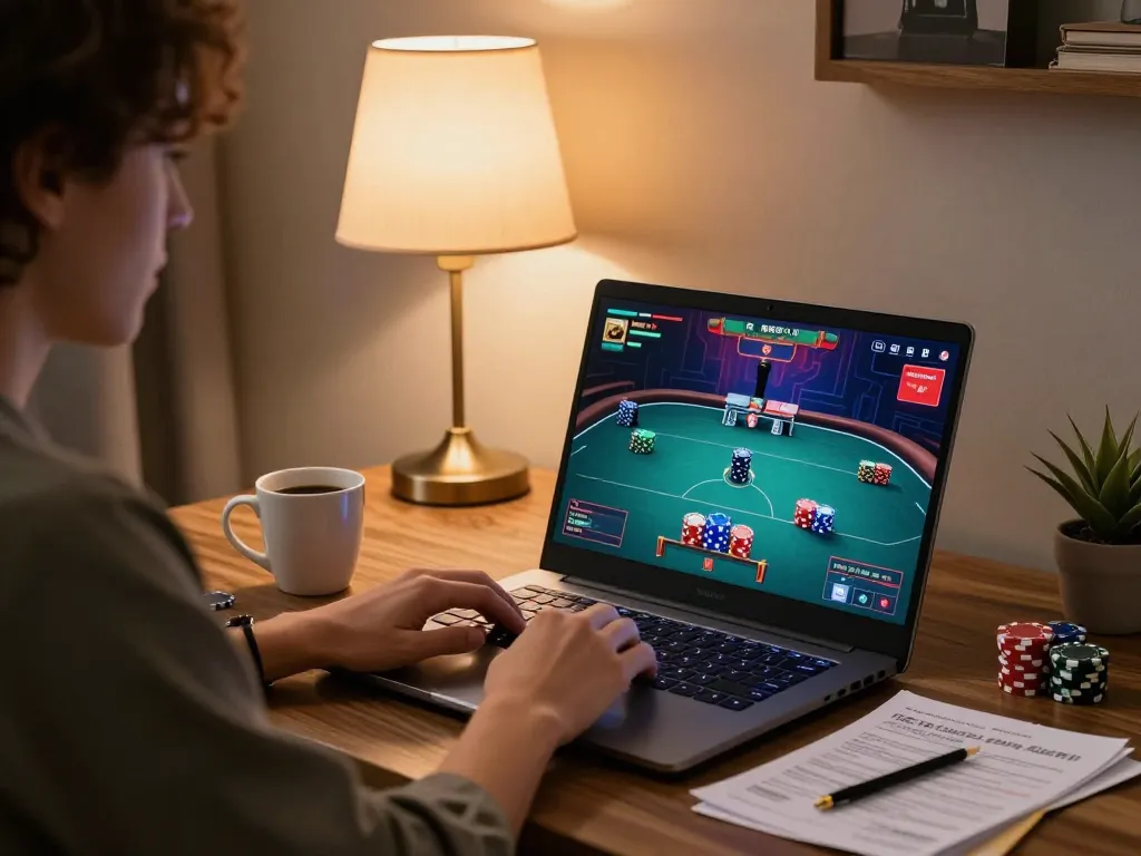 Engaging poker gameplay on a laptop at home, highlighting iwin strategy and responsible gaming.