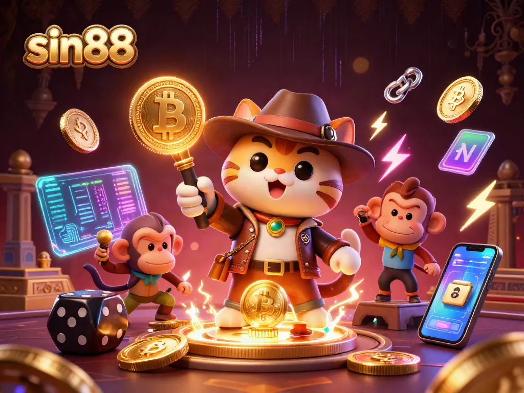 Win exciting rewards with sin88, featuring a playful cat exploring a magical casino temple.