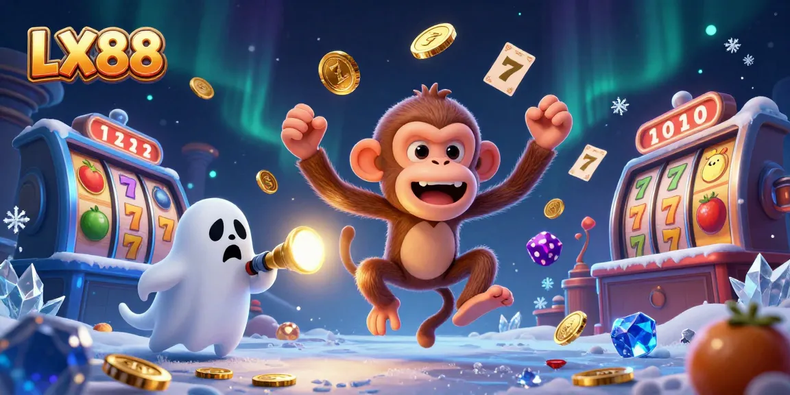 LX88 casino scene showcasing a mischievous monkey juggling golden coins and cards with a ghost-hunter puppy tracking it.