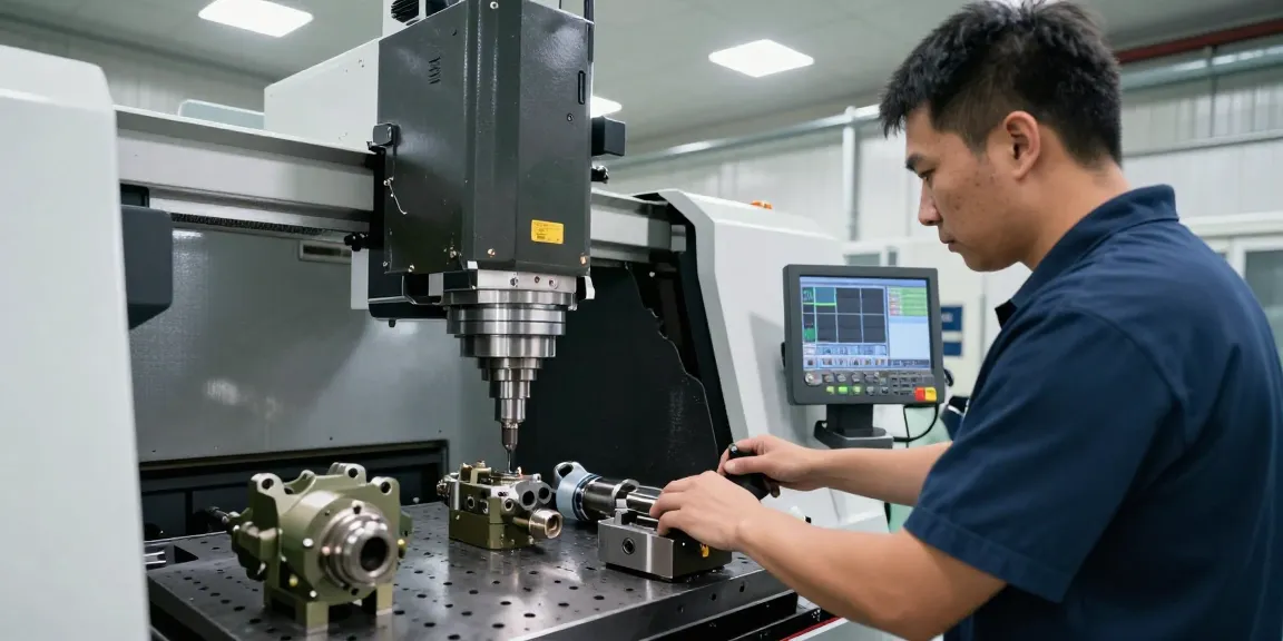 Präzisionstechnik Militär - Fachtechniker an CNC-Maschine mit militärischen Komponenten in moderner Fertigungsumgebung.