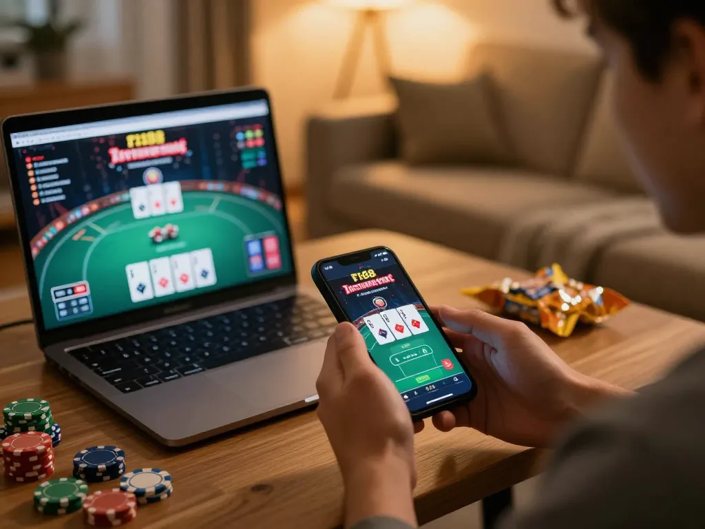 Engaging gameplay on the F168 app shown on smartphone amidst cozy home gaming setup