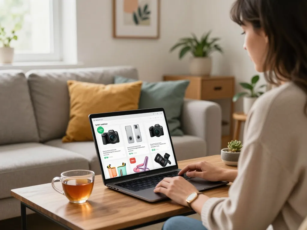 Frau, die ein gemütliches Online-Shopping-Erlebnis mit sofort lieferbar Produkten in einem stilvollen Wohnzimmer genießt.