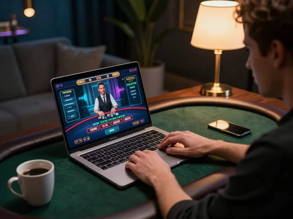 NoHu player engaged in online blackjack strategy at a stylish home desk, demonstrating responsible gambling.