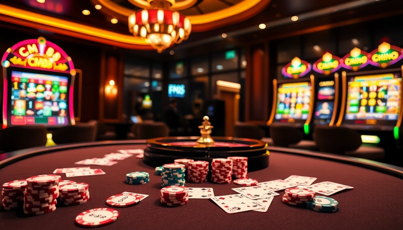 Experience the thrill of CM88 in a luxurious casino with vibrant poker chips and a spinning roulette wheel.