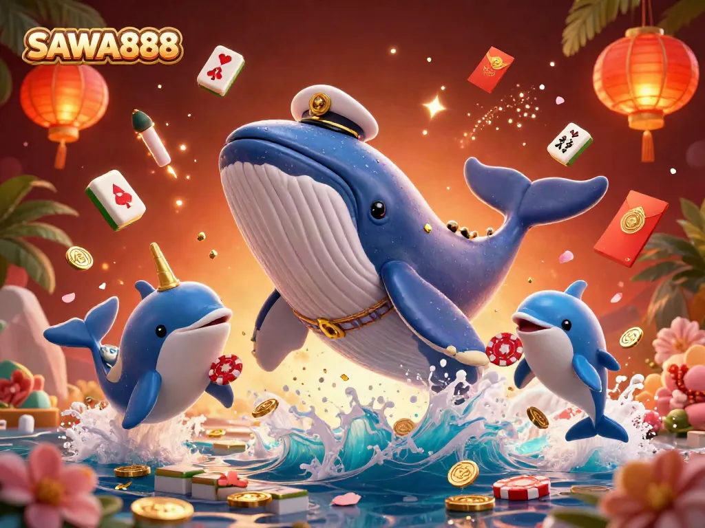 Experience fun at SAWA888 with whale and dolphins in a sea of coins, showcasing vibrant casino elements.