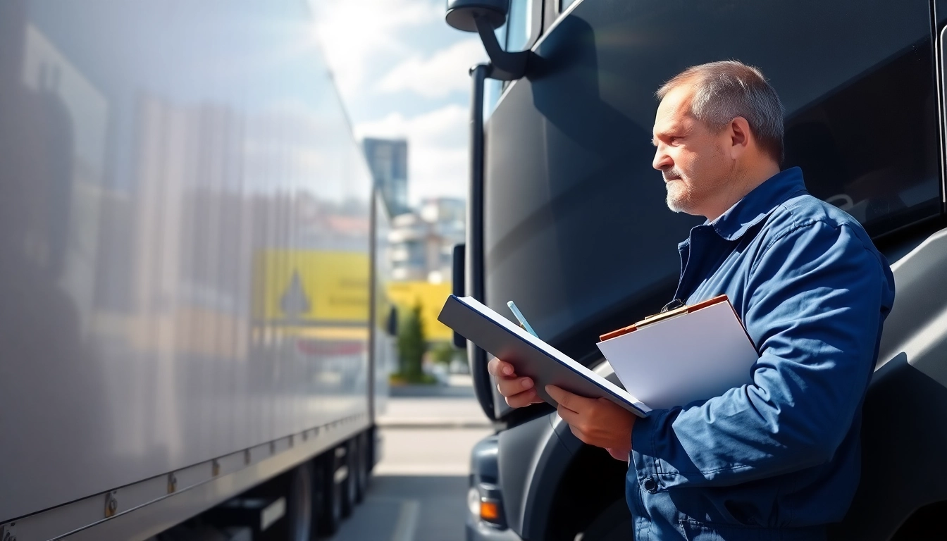 Lkw Gutachten Augsburg: Fachmann inspiziert Lkw in Augsburg mit Notizen für präzise Gutachten.