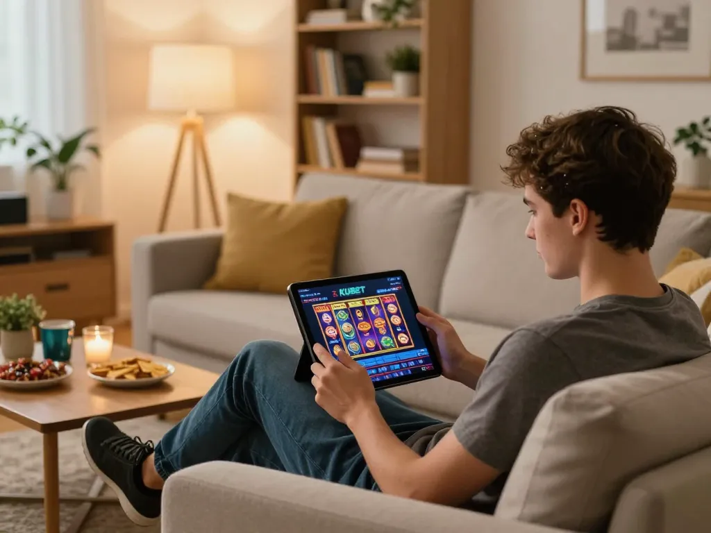 KUBET online gaming experience features player engaged on tablet in cozy home setting