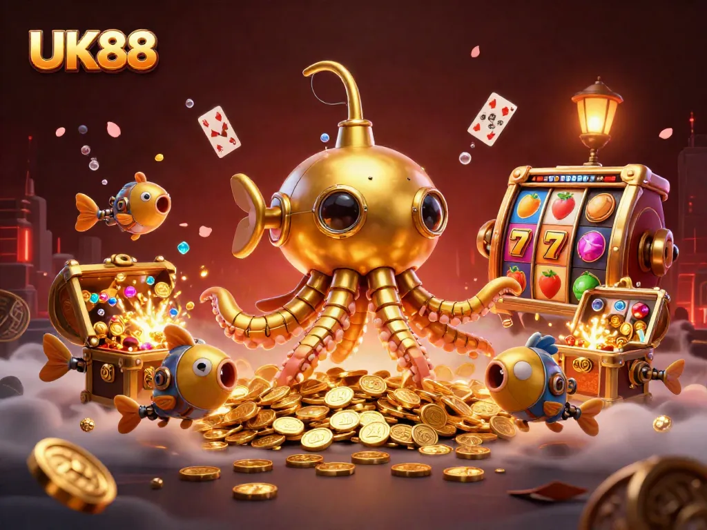 Experience the thrill of UK88's casino games with a golden kraken submarine amidst treasure.