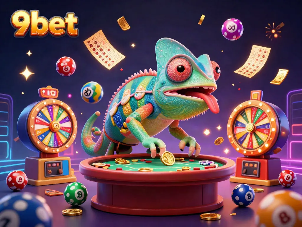 Engaging 9bet casino illustration showcasing a colorful chameleon character amid exciting gaming elements.