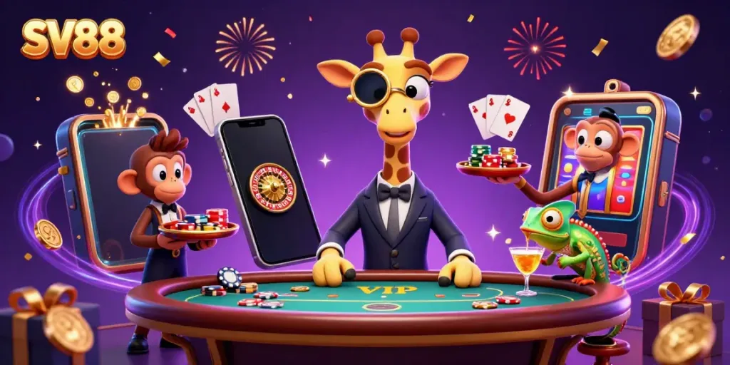 SV88 showcases a high-roller giraffe at a poker table with dynamic gaming elements around.