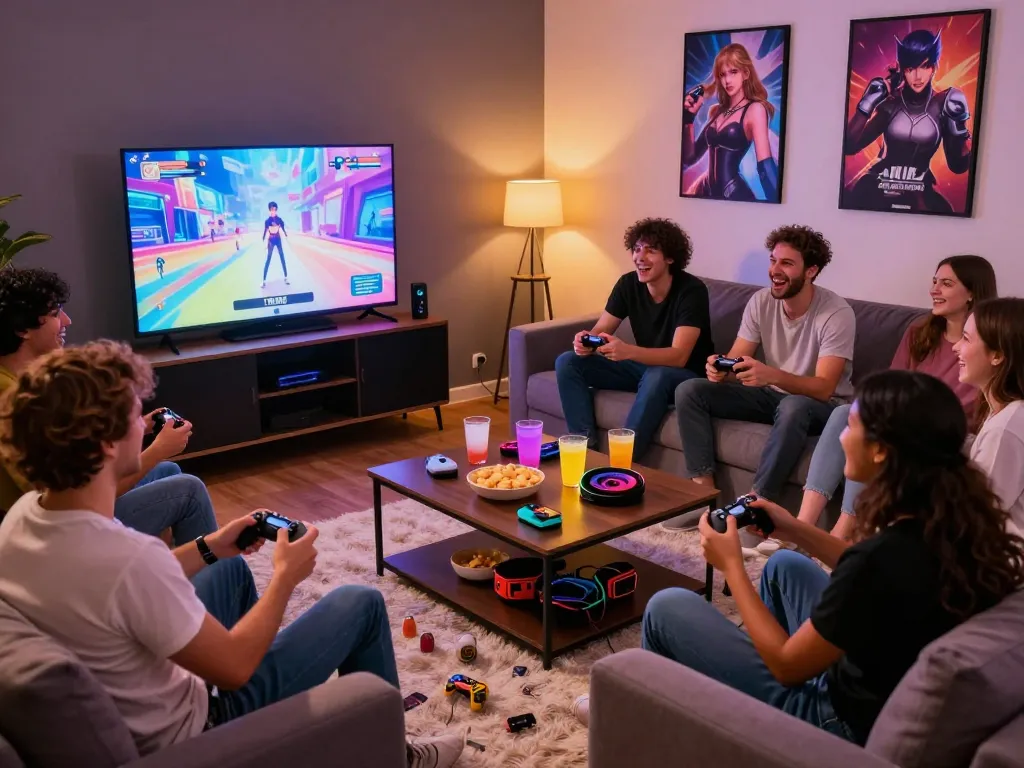 Engaging scene of friends enjoying game sex in a modern gaming lounge