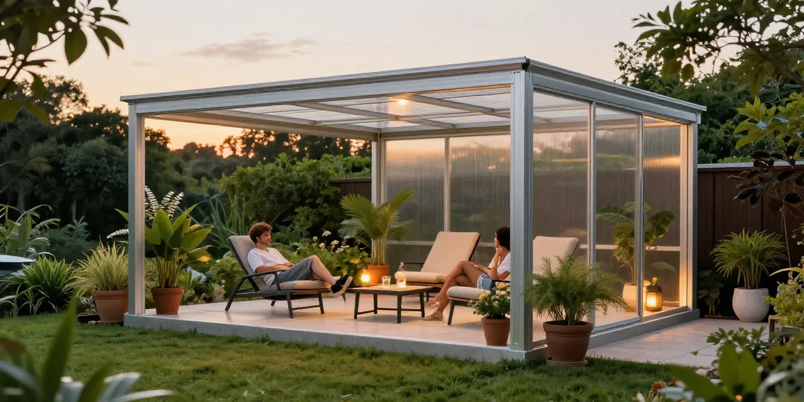 Terrassenüberdachung freistehend in einem einladenden Garten, ideal für Entspannung und Genuss.