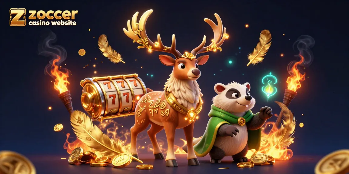 Engage with the animated charm of the zoccer casino website featuring a mystical stag and golden tokens.