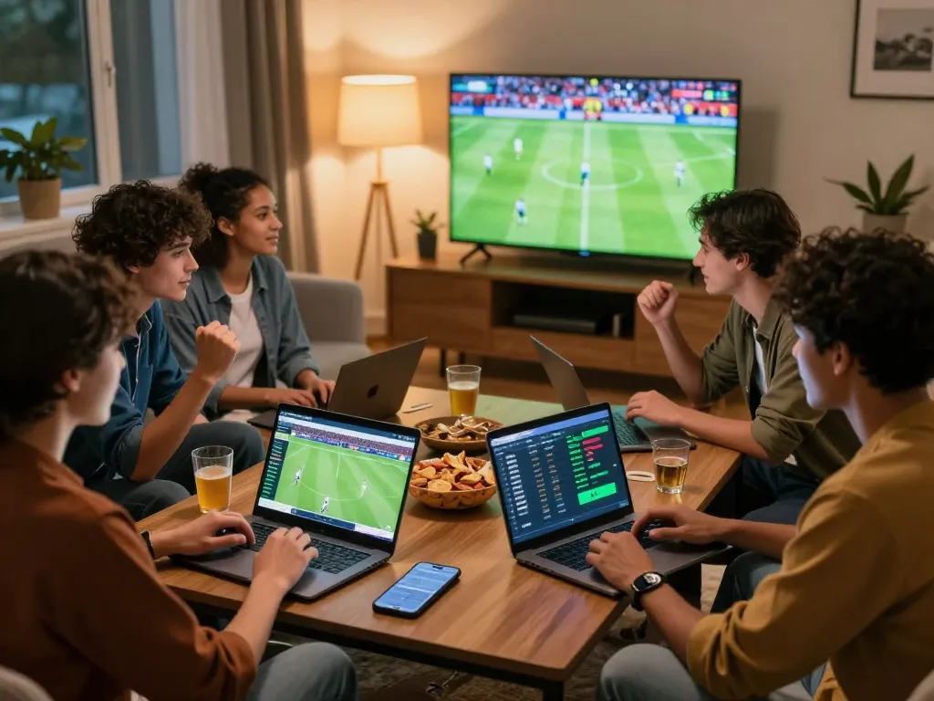 Friends analyzing tỷ lệ kèo bóng đá on laptops while enjoying a football match.