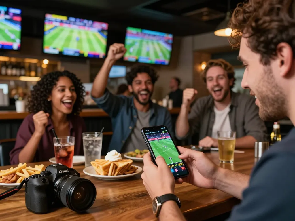 Engaging in sports betting at 789club with friends in a vibrant sports bar setting.