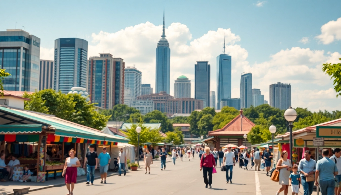 Reiseziele in einer urbanen Skyline mit lebhaften Kulturen und Architektur zeigen.