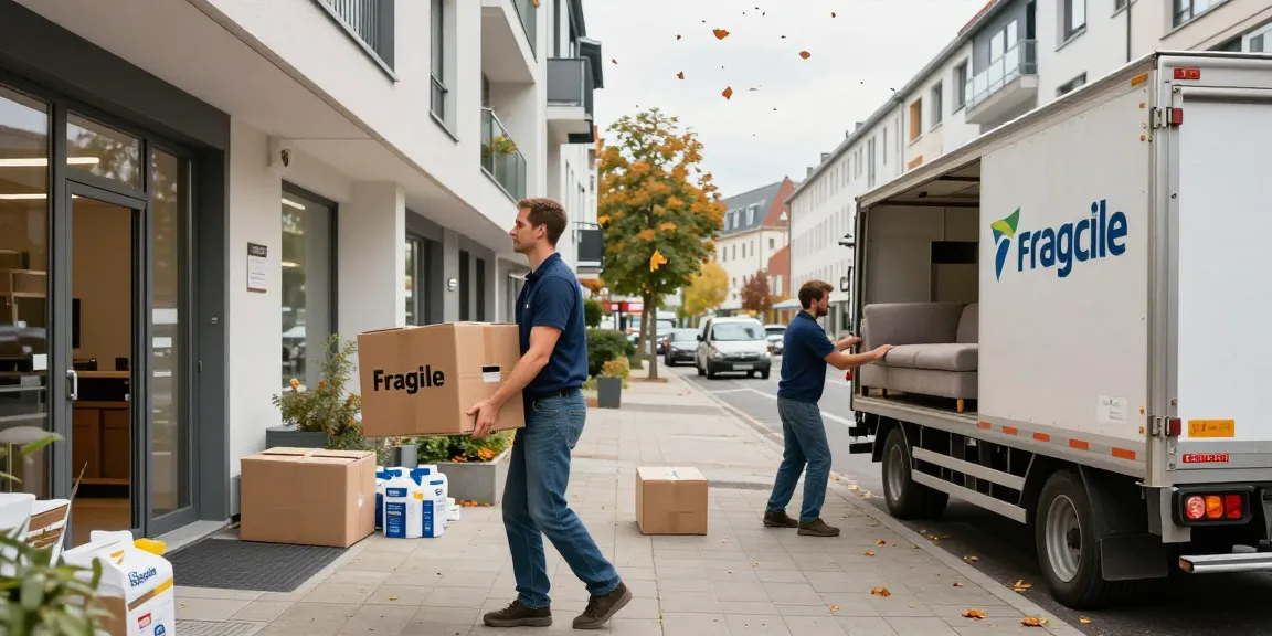 Umzugsunternehmen Darmstadt bei der Arbeit, professionelle Umzugshelfer heben Kisten und sichern Möbel.