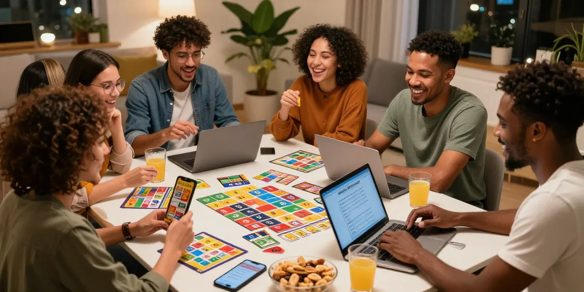 Engaging quiz Allgemeinwissen game with friends, colorful cards and drinks creating a lively atmosphere