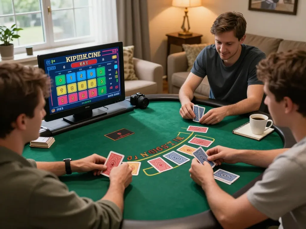 RR88 players engaged in online blackjack gameplay with strategic card shuffling, cozy home setting.