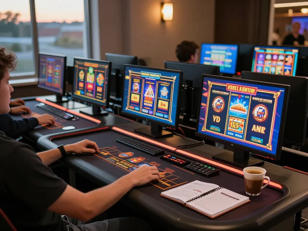 Player engaging with vibrant slot games at F168 online casino setup, showcasing a cozy and strategic gaming environment.