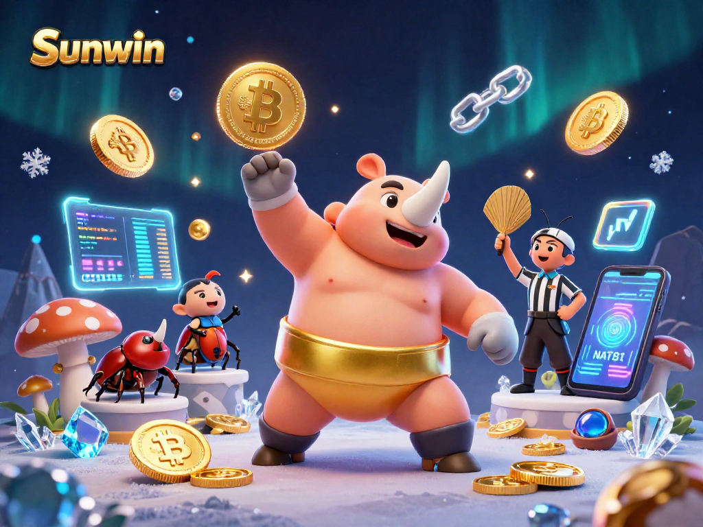 Sunwin presents an exciting scene of a rhinoceros beetle sumo champion amidst flying coins and crypto elements.