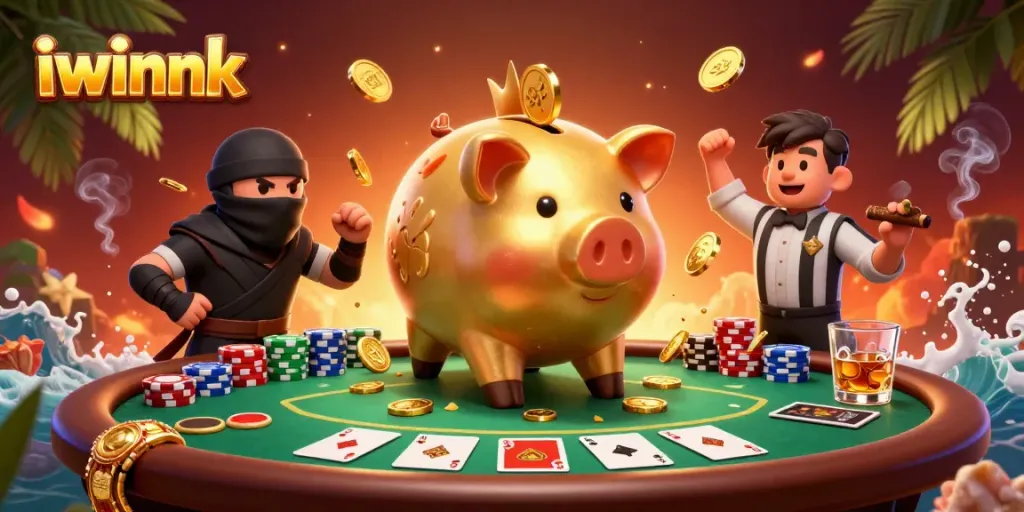 Experience the thrill of iwinnk with a vibrant 3D illustration of a golden piggy bank sumo wrestler amidst a poker showdown.
