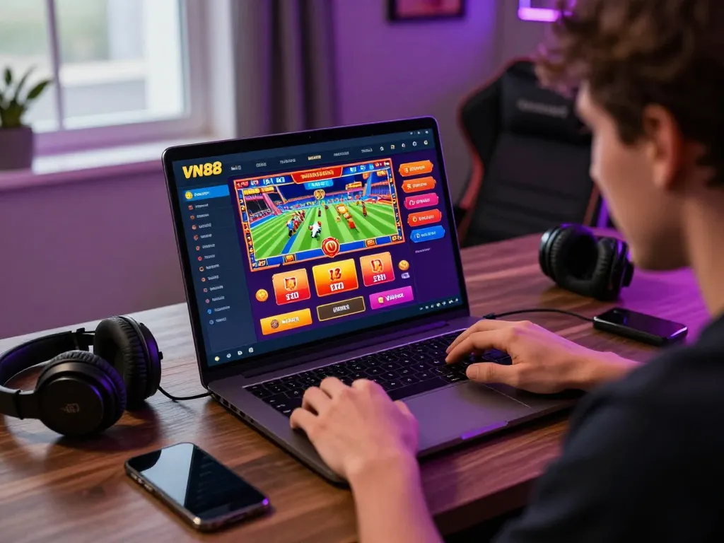 Engaged player exploring VN88 betting platform on laptop showcasing sports and casino games.