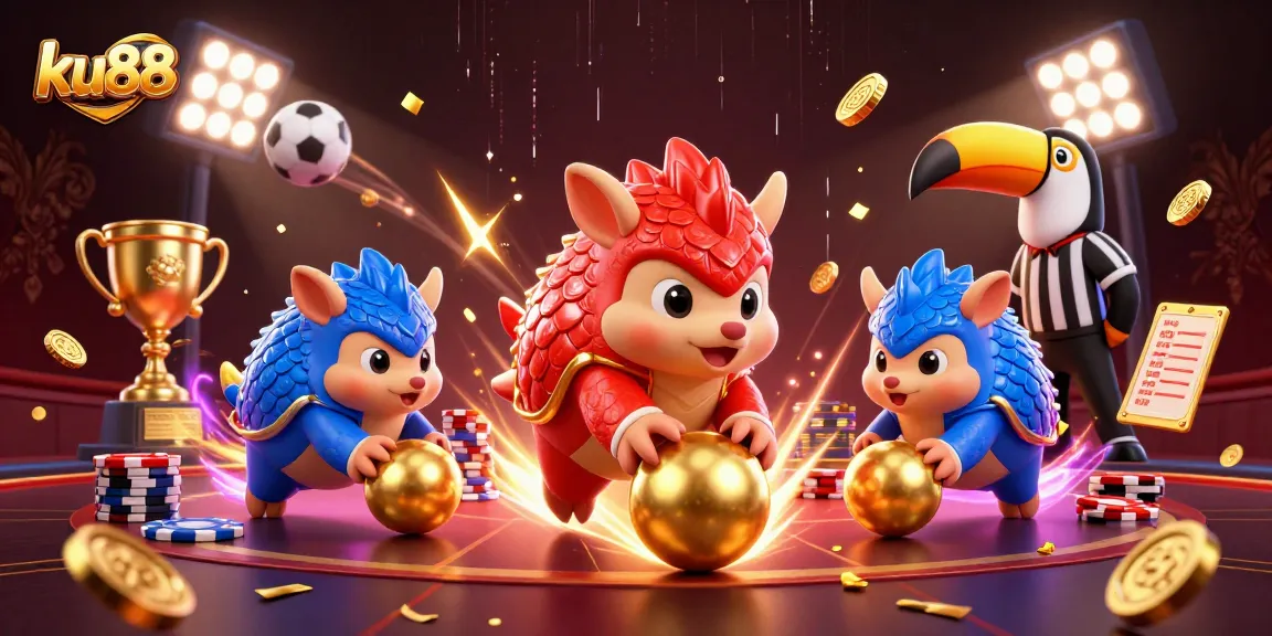 ku88 pangolins compete in a dynamic casino gaming scene with poker chips and sports elements.