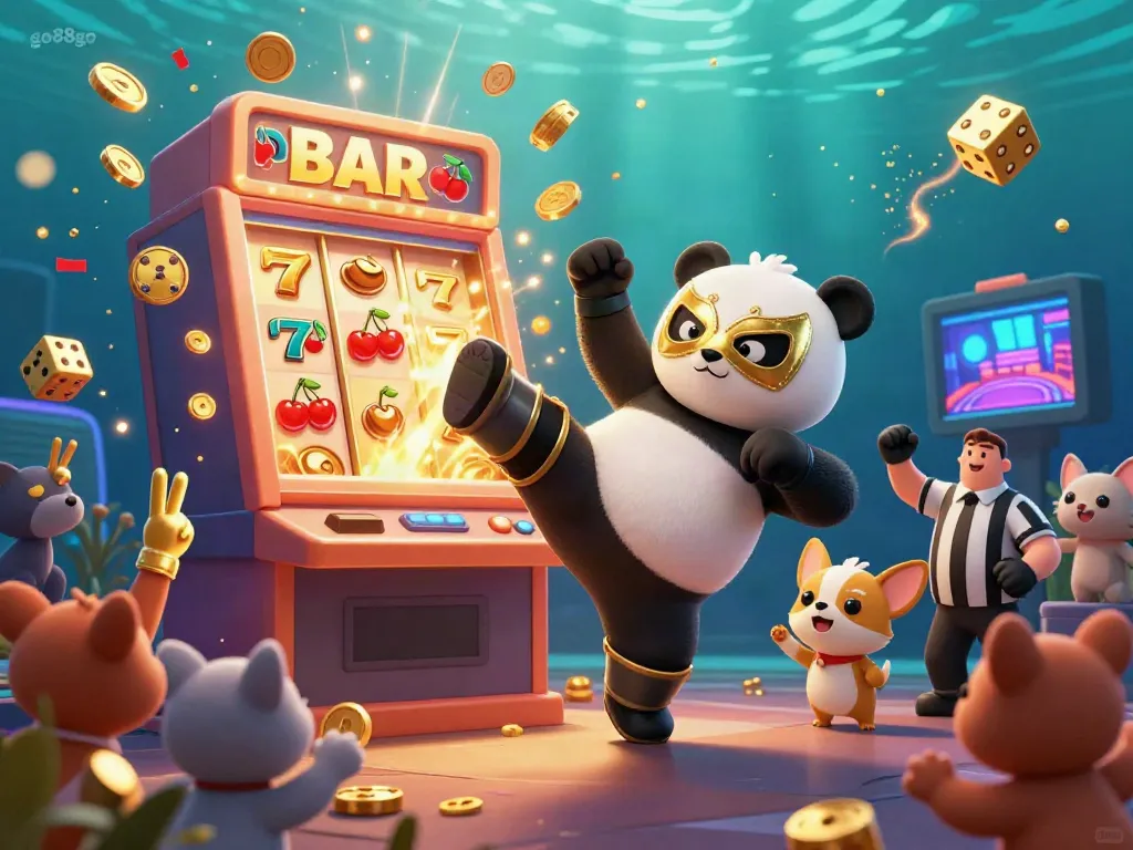 Gamble at go88go with thrilling 3D casino action featuring a panda wrestler kicking, vibrant slot machine, and cheering fans.