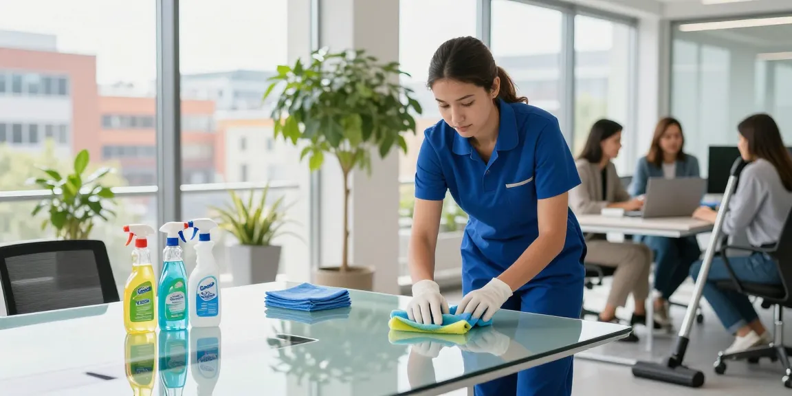 Professional cleaner providing unterhaltsreinigung solothurn service in modern office with bright atmosphere and organized supplies.