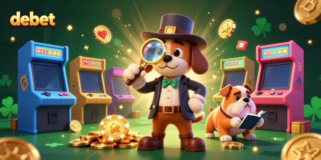 Engage with the debet cartoon detective scene featuring golden poker chips and vibrant gaming elements.