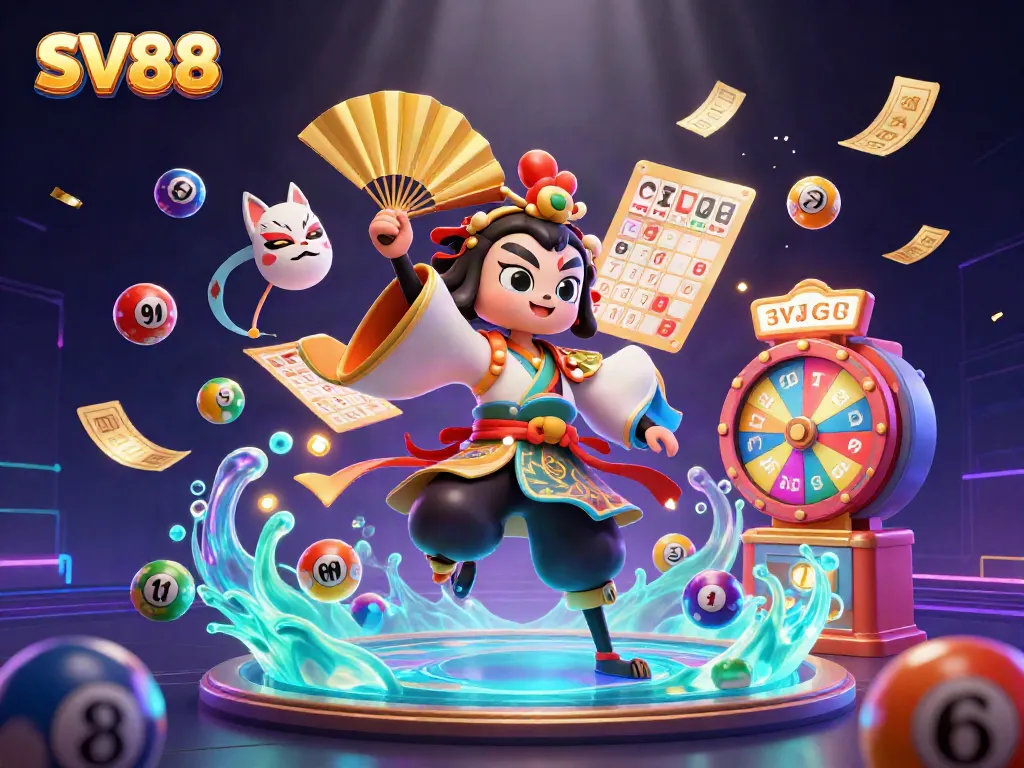Experience the excitement of SV88 with dynamic lottery elements and vibrant visuals in this 3D illustration.