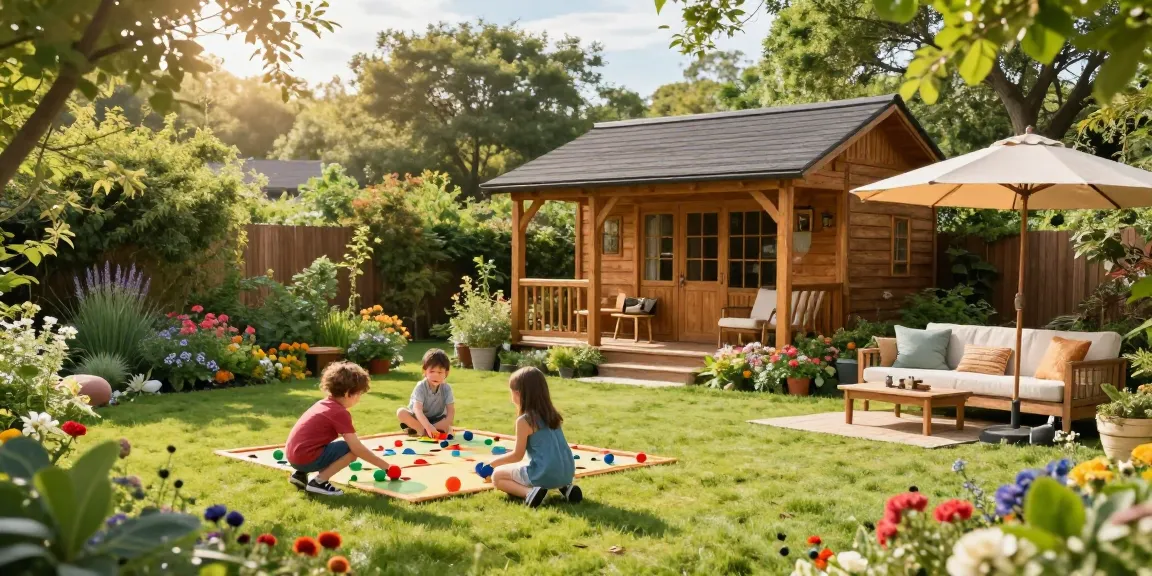 Entspannendes Gartenhaus Holz in einer blühenden Gartenlandschaft mit Familie, die im Freien spielt.