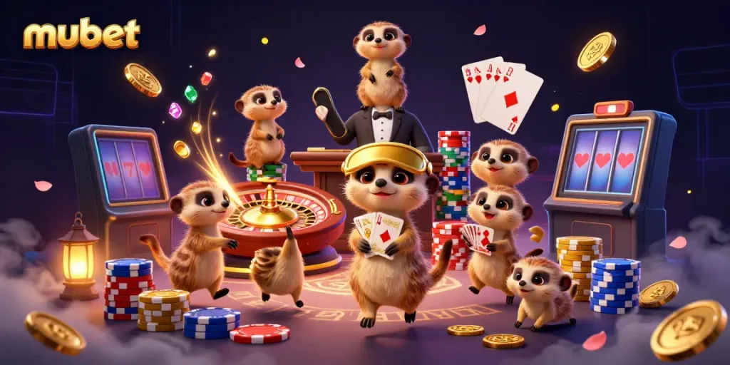 Engaging illustration of meerkats operating a vibrant casino scene for mubet, showcasing cards, chips, and coins.