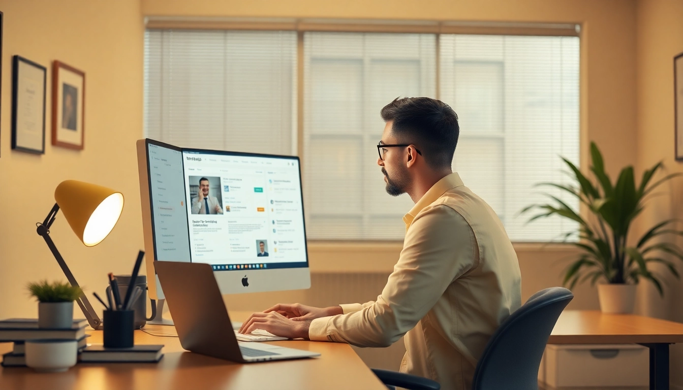 Job seeker engaging with Stellenangebote on a computer screen in a modern office setting.