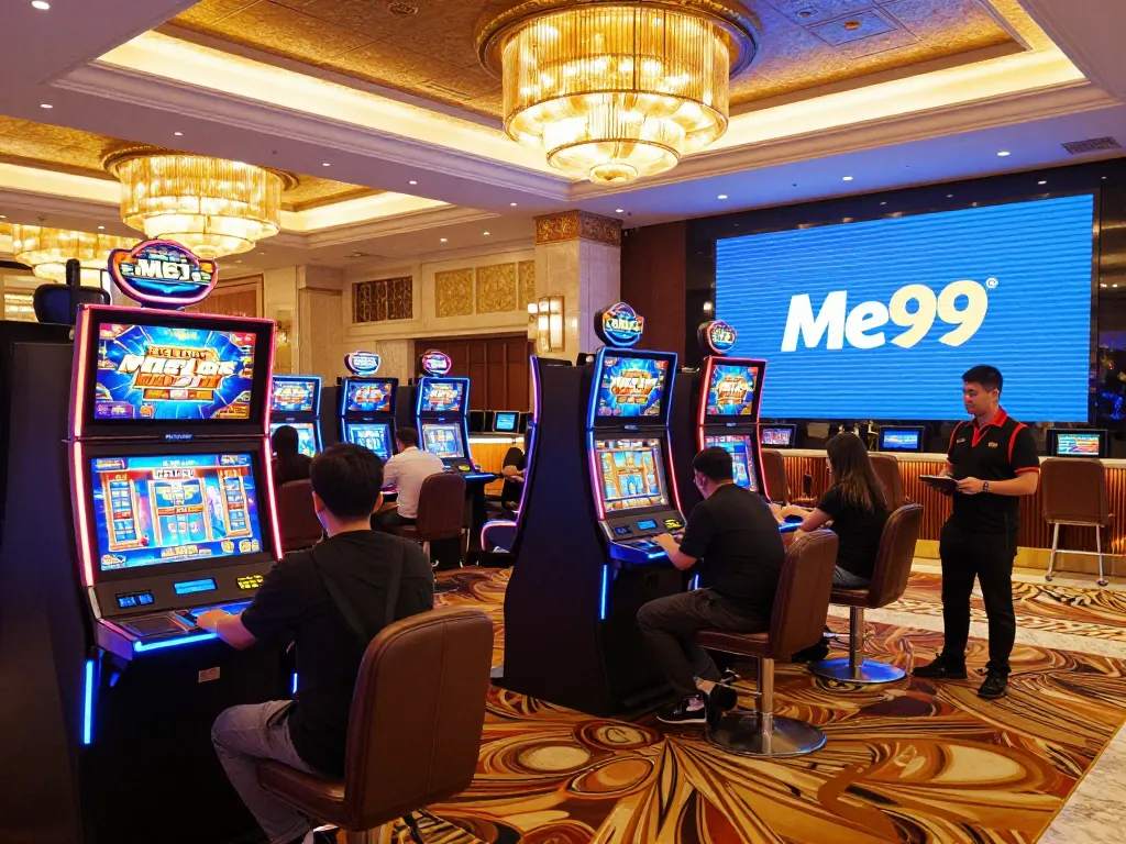 Experience excitement at the Me99 casino with players engaging at vibrant slot machines.
