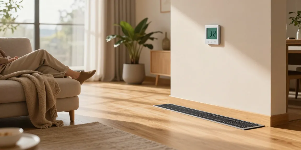 Infrarot Fußbodenheizungssystem in einem modernen Wohnzimmer präsentiert, das Komfort und Effizienz hervorhebt.