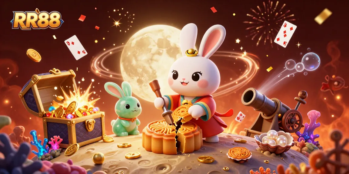 Discover the thrilling world of RR88 with a festive moon rabbit scener, showcasing vibrant casino elements and dynamic celebration atmosphere.