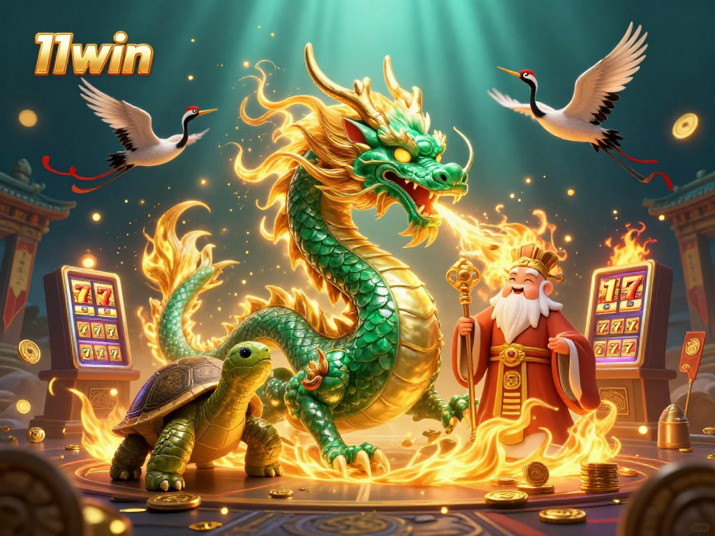 Experience the excitement of 11win's slots through an epic 3D dragon and turtle illustration.