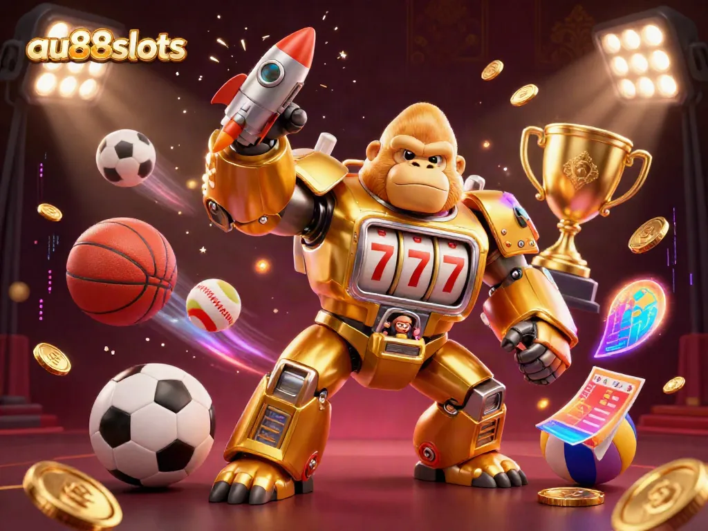 Join the action with au88slots in this dynamic 3D racing scene featuring vibrant sports elements and a golden gorilla mech.