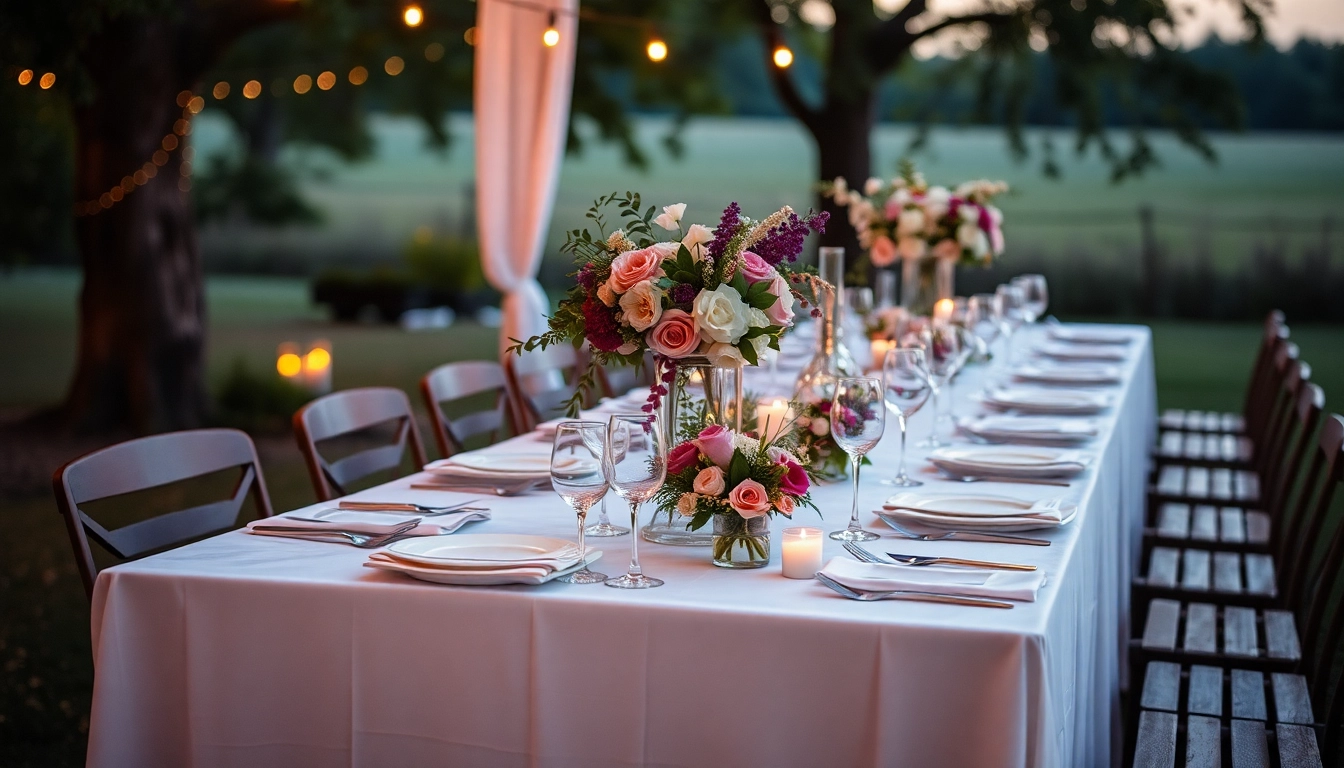 Verführerische Catering-Präsentation mit festlich gedeckten Tischen und floralen Akzenten.