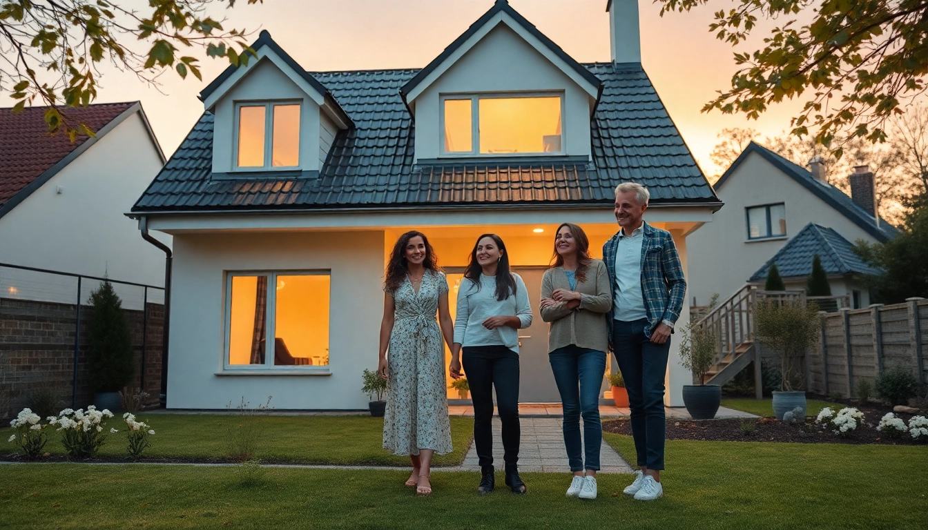 Familie beim Hauskauf vor ihrem modernen Zuhause, das Gemütlichkeit und Hoffnung ausstrahlt.