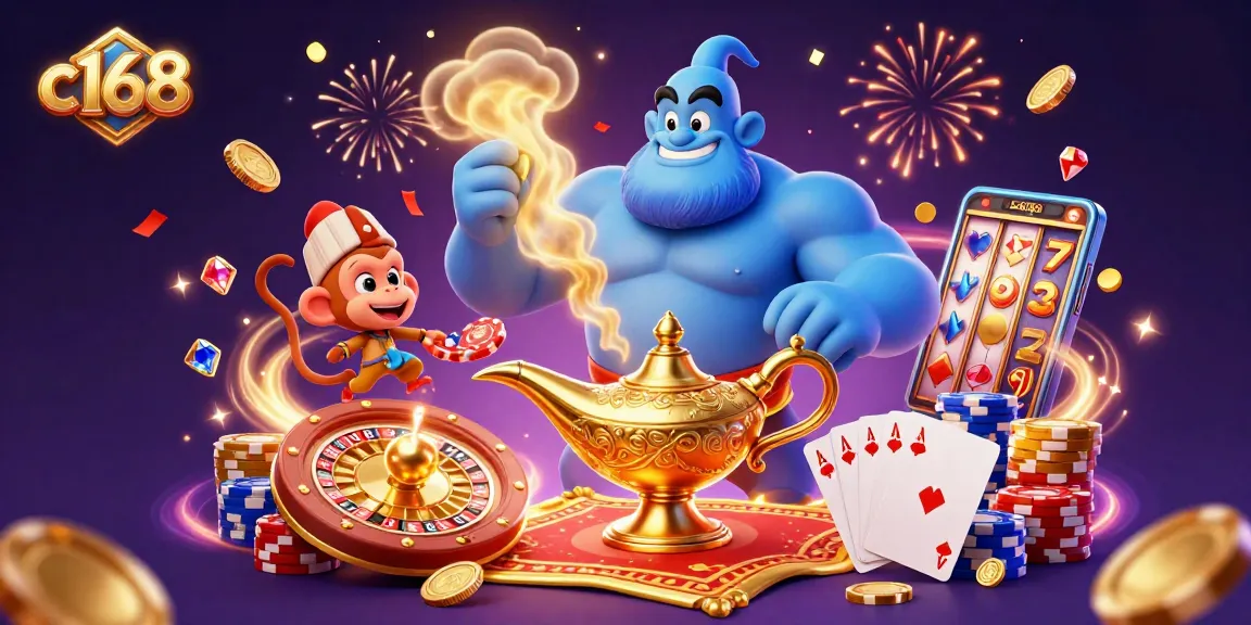 Experience the magic of c168 with a dazzling casino scene filled with a genie, poker chips, and golden coins.