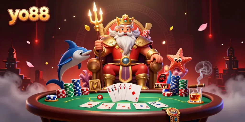 Experience the thrilling atmosphere of yo88 with Neptune and a poker scene in ultra-detailed 3D.