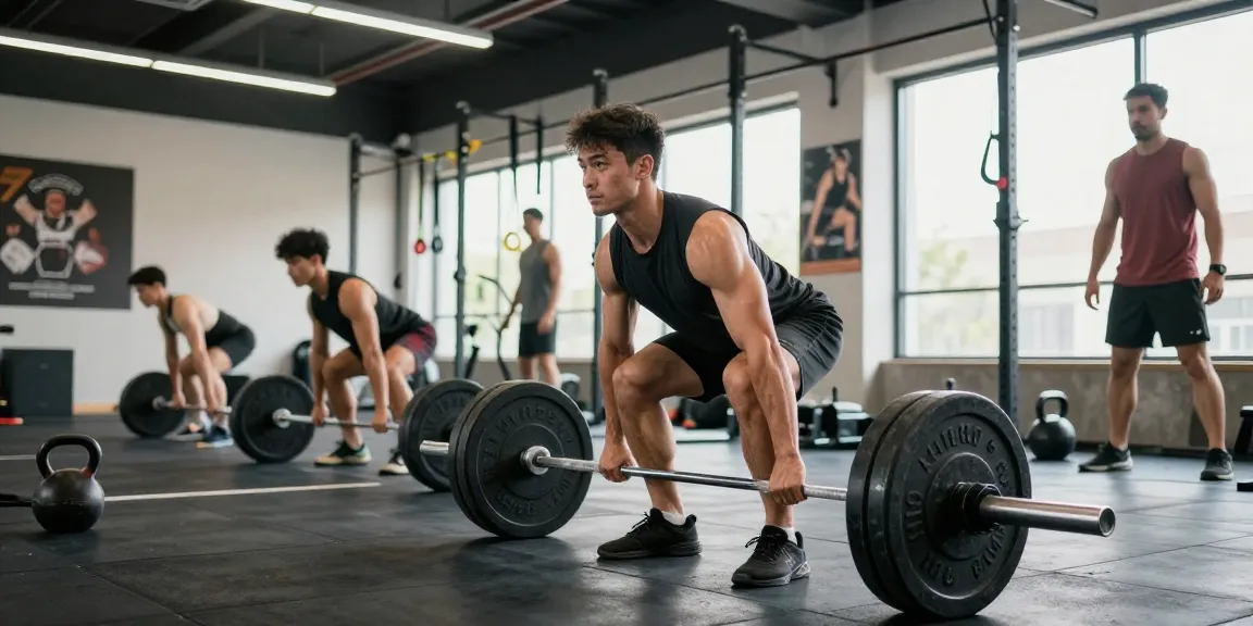 Muskulöser Athlet hebt Gewichte in einem lebhaften Fitnessstudio und hebt den Fokus von Steroidshop auf Fitness hervor.