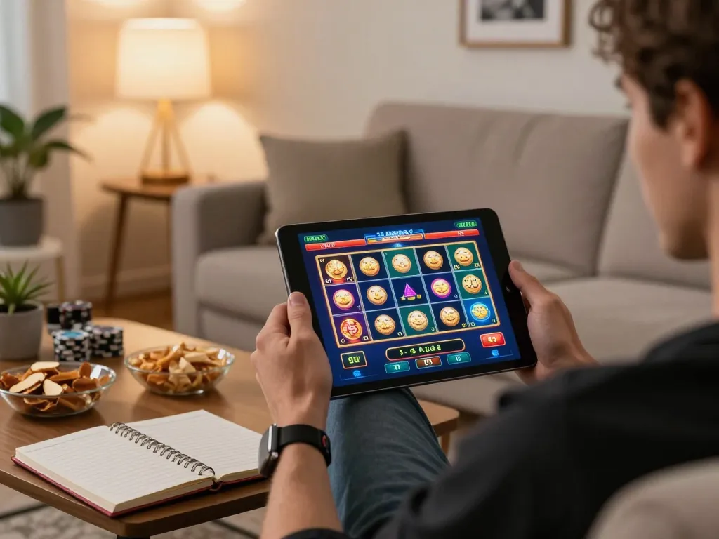 Engaged user playing TG88 casino games on tablet in a cozy home setting.