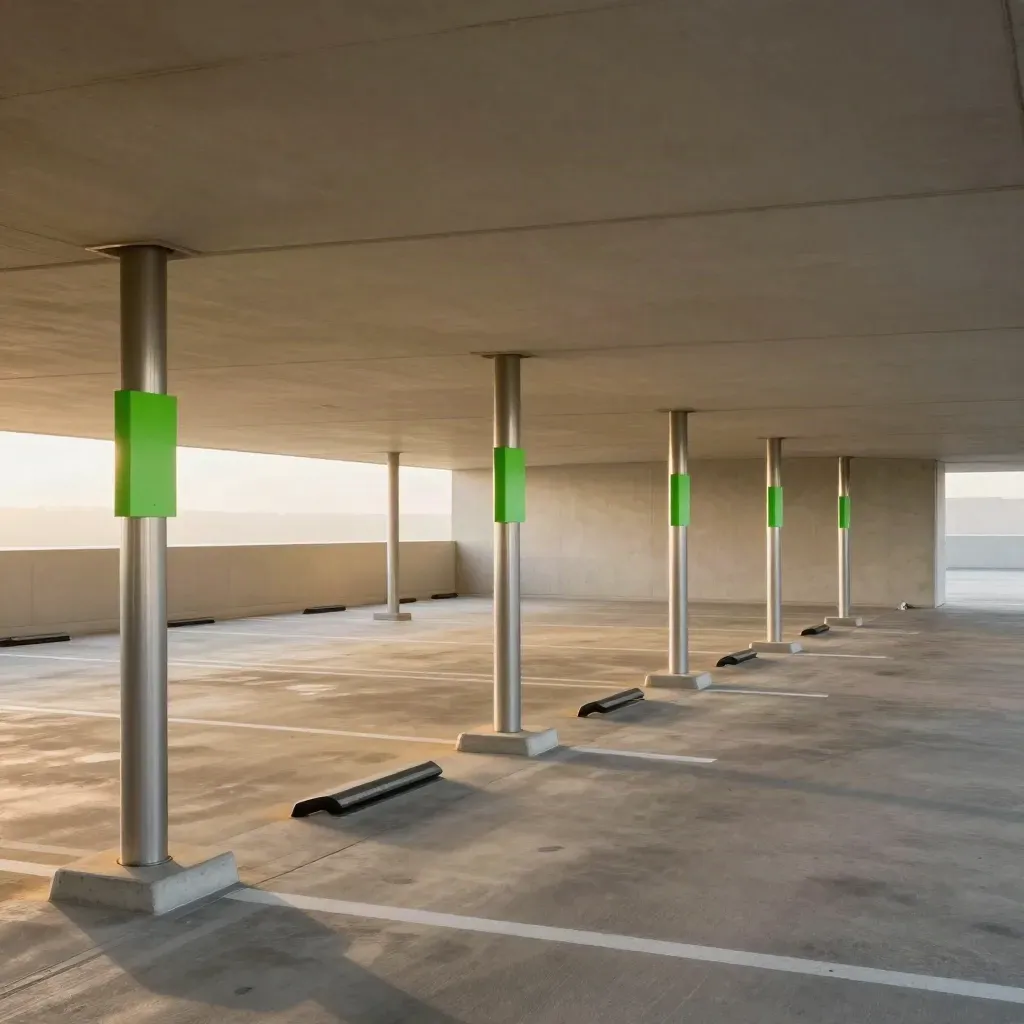 Überdachter Parkstreifen mit reservierten Monatsplätzen, Pollern und Radstoppern aus erhöhter Perspektive