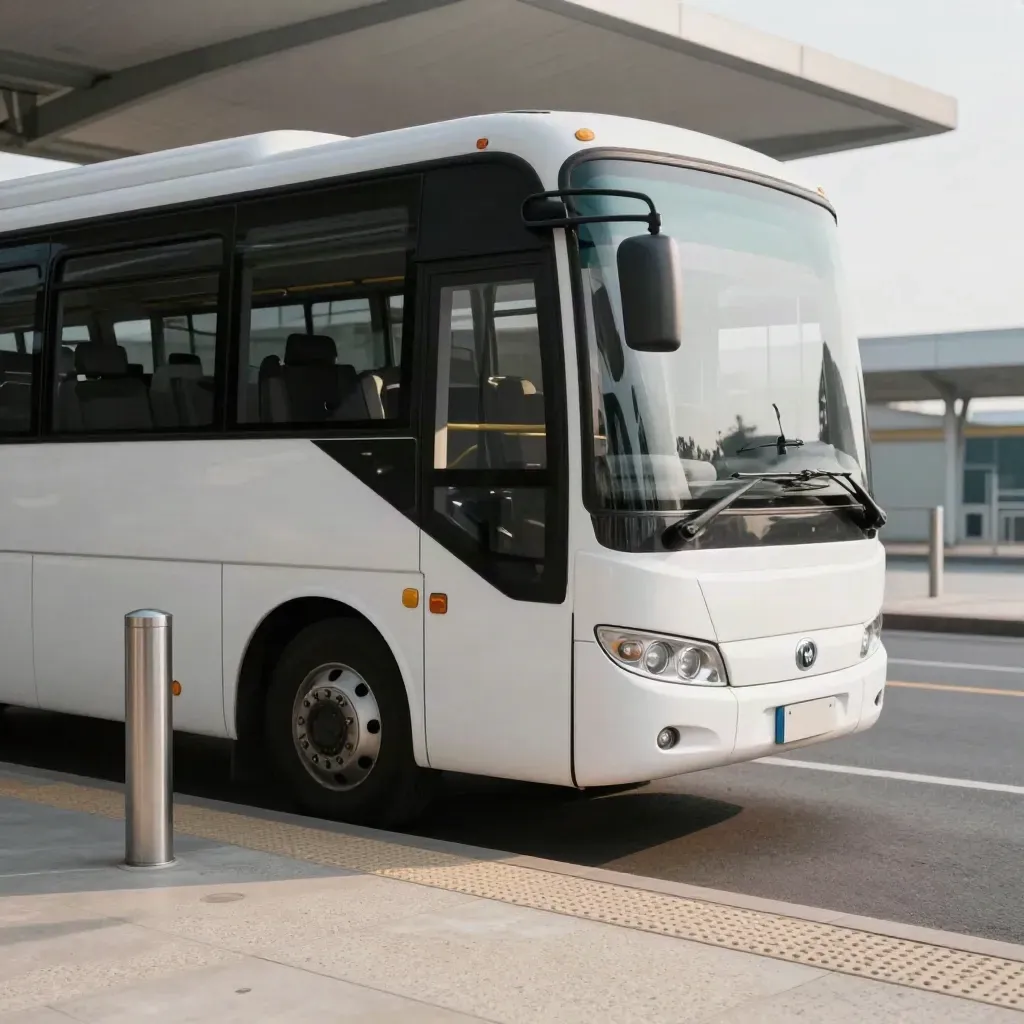 Shuttle-Minibus am Bordstein einer Transferspur im Morgenlicht, leerer Bahnsteig und Dunst.