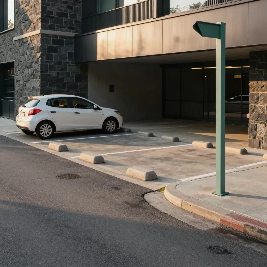 Kleiner Stadtparkplatz mit Auto, Bordsteinen und Durchgang zum Nahverkehr im warmen Abendlicht.