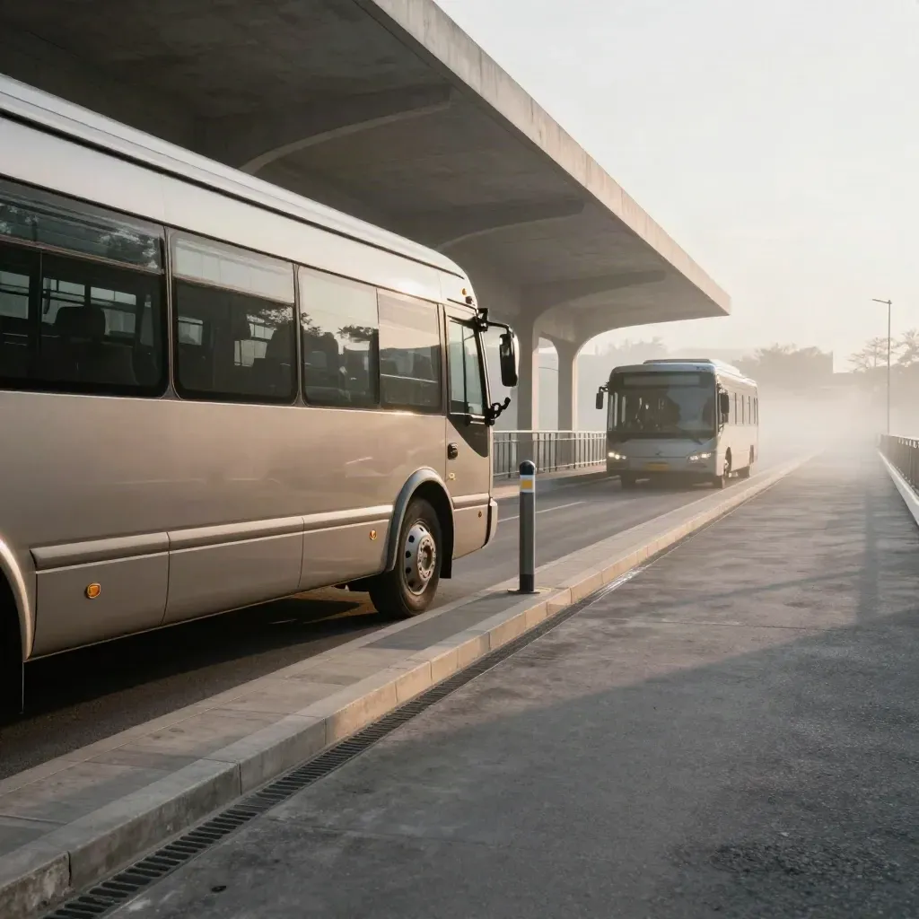 Reservierter Parkplatz neben Shuttle-Bus und Bahnhofszugang im Morgennebel.